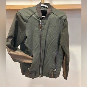 All Saints Army Green Bomber Size Medium with Leather Sleeve Tan